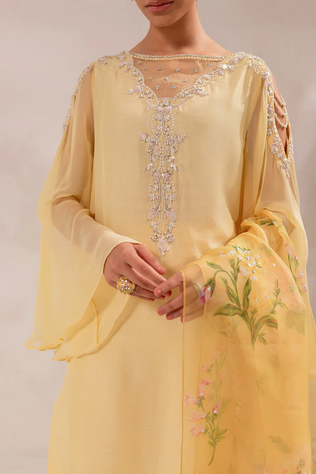 Embellished Raw Silk Pakistani Eid Dress in Yellow