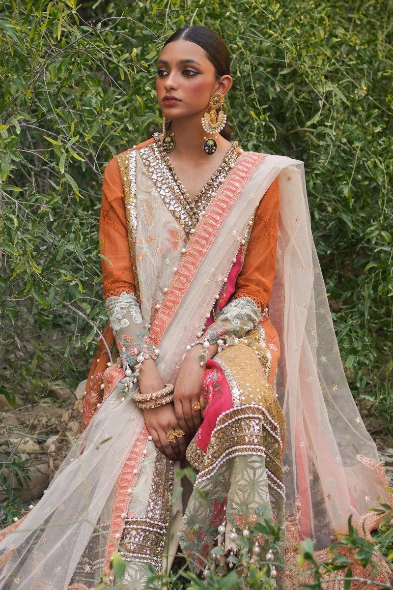 Embellished Sana Safinaz Orange Net A-line Kameez Salwar
