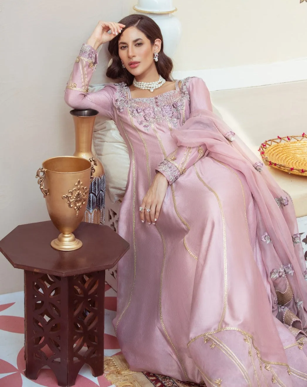 Embellished Silk Pishwas Design Dress for Party Wear