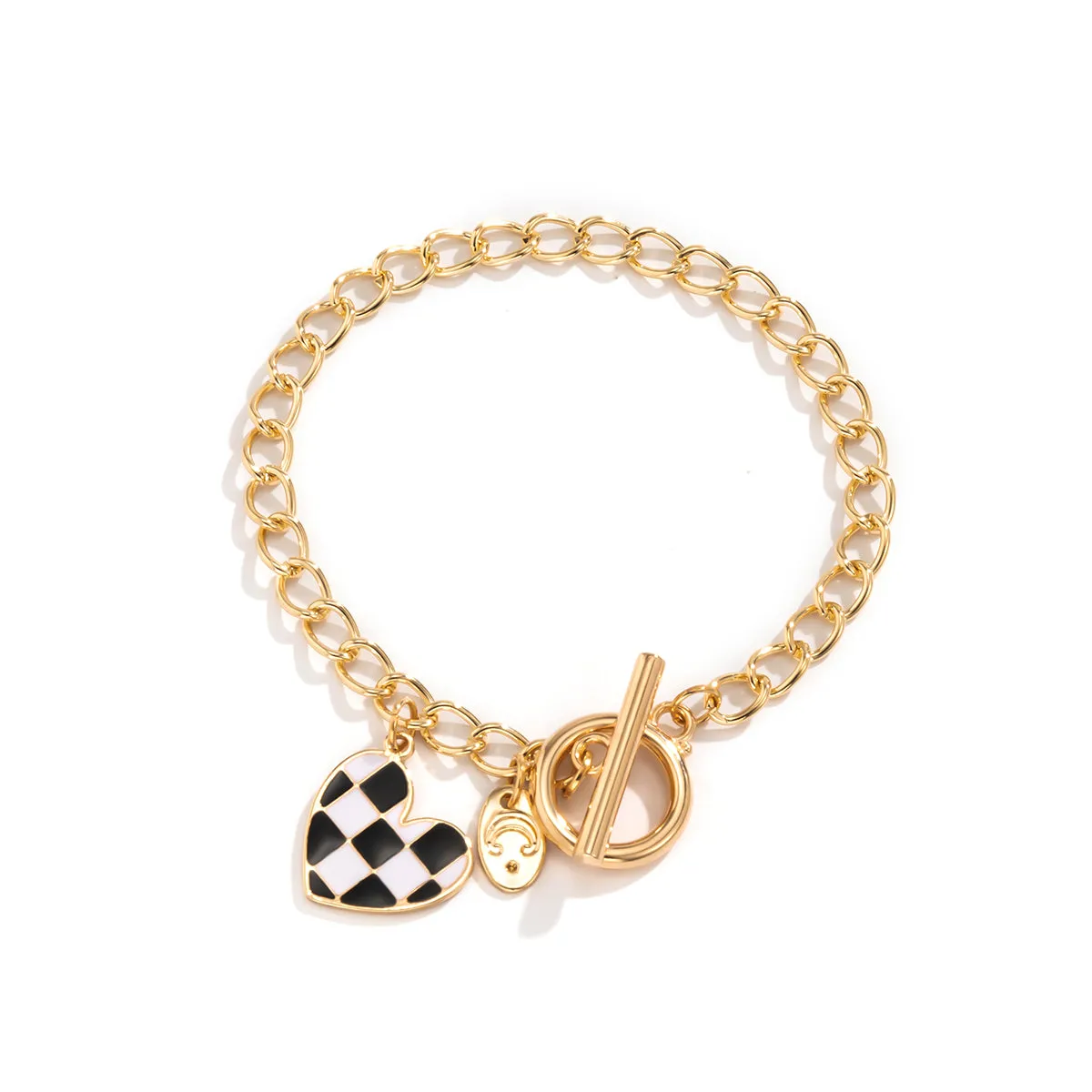 Enamel & 18K Gold-Plated Checkerboard Heart Curb Chain Bracelet