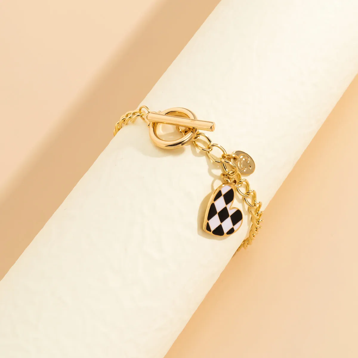 Enamel & 18K Gold-Plated Checkerboard Heart Curb Chain Bracelet
