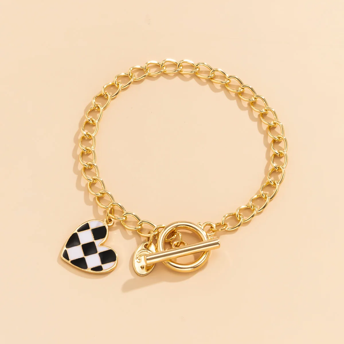 Enamel & 18K Gold-Plated Checkerboard Heart Curb Chain Bracelet