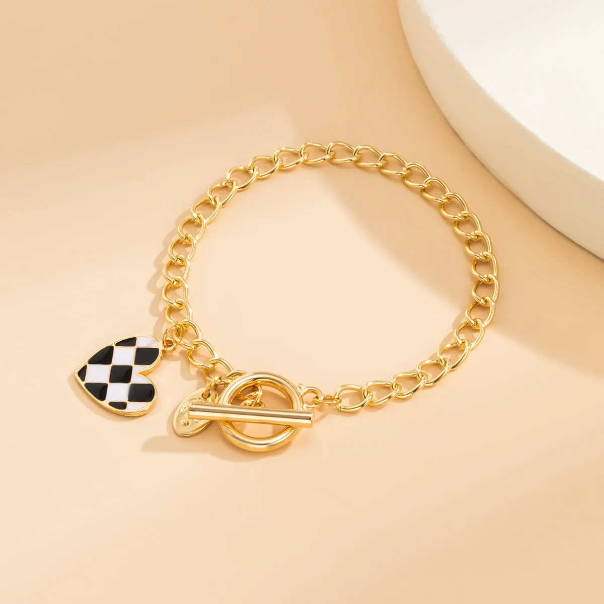 Enamel & 18K Gold-Plated Checkerboard Heart Curb Chain Bracelet
