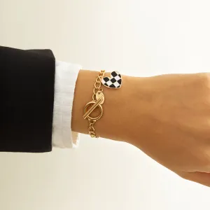 Enamel & 18K Gold-Plated Checkerboard Heart Curb Chain Bracelet