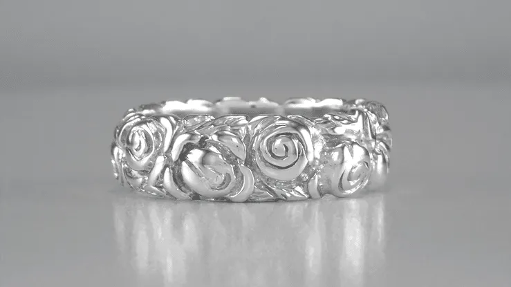 Engraved Roses Retro Wedding Ring in 14 Karat White Gold