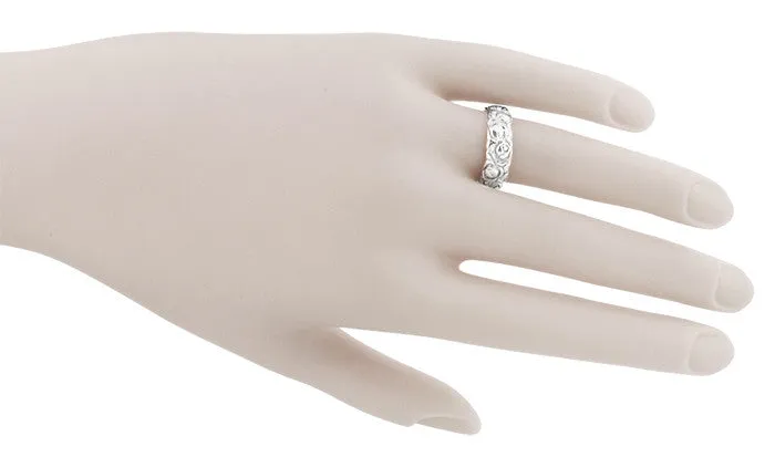 Engraved Roses Retro Wedding Ring in 14 Karat White Gold