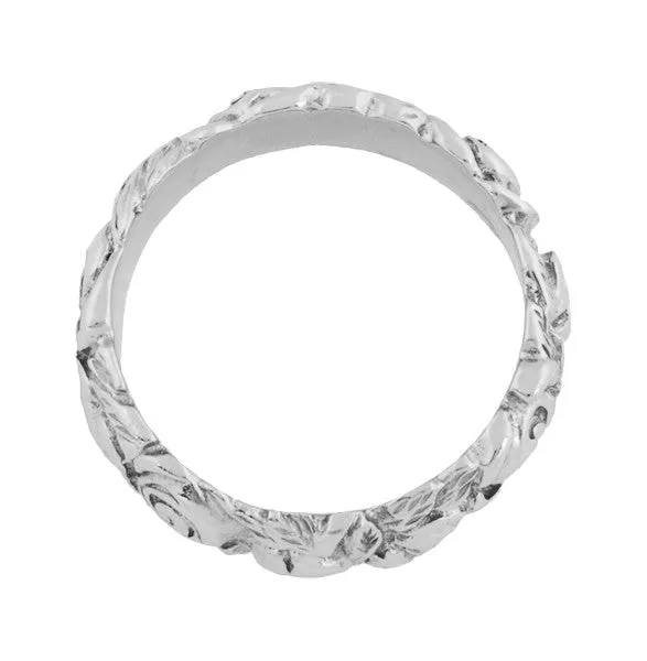 Engraved Roses Retro Wedding Ring in 14 Karat White Gold
