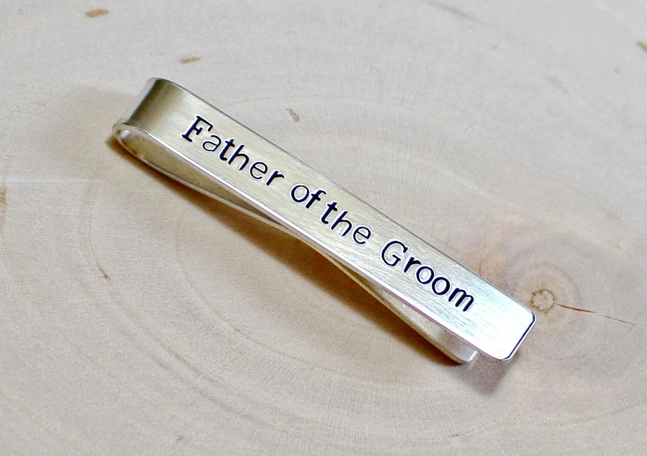Father of the groom personalized sterling silver wedding tie clip