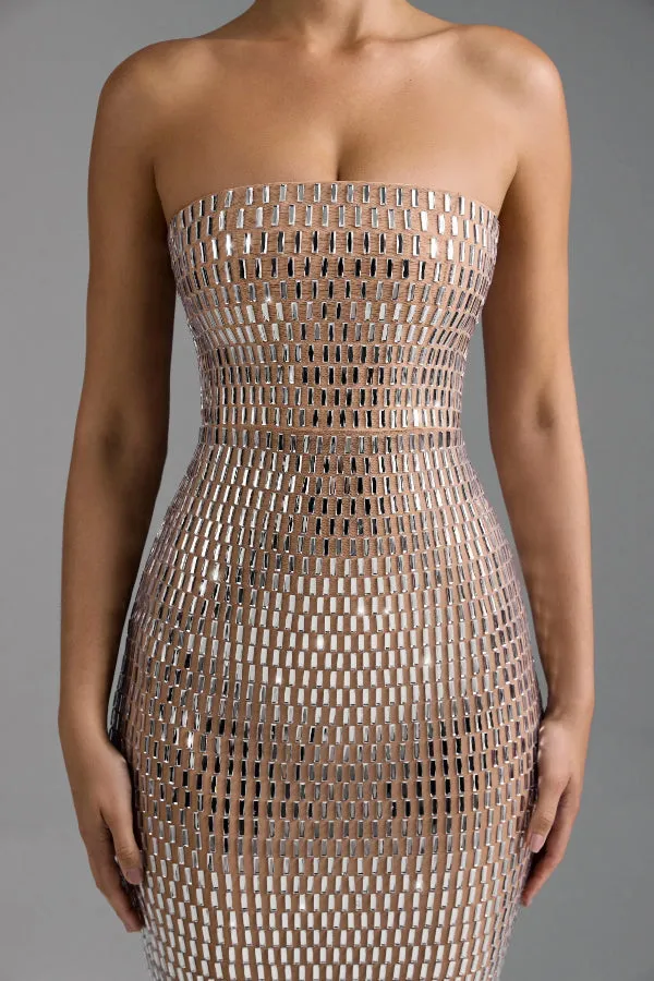 Flash Sculpture Rhinestone Embellished Bandeau Slit Stretch Maxi Dress