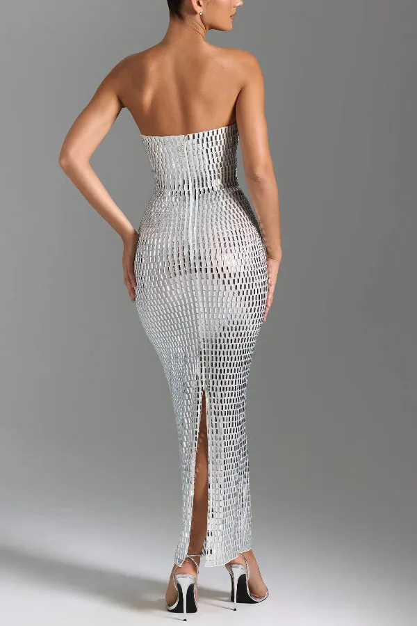 Flash Sculpture Rhinestone Embellished Bandeau Slit Stretch Maxi Dress