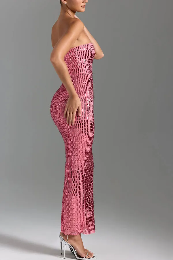 Flash Sculpture Rhinestone Embellished Bandeau Slit Stretch Maxi Dress