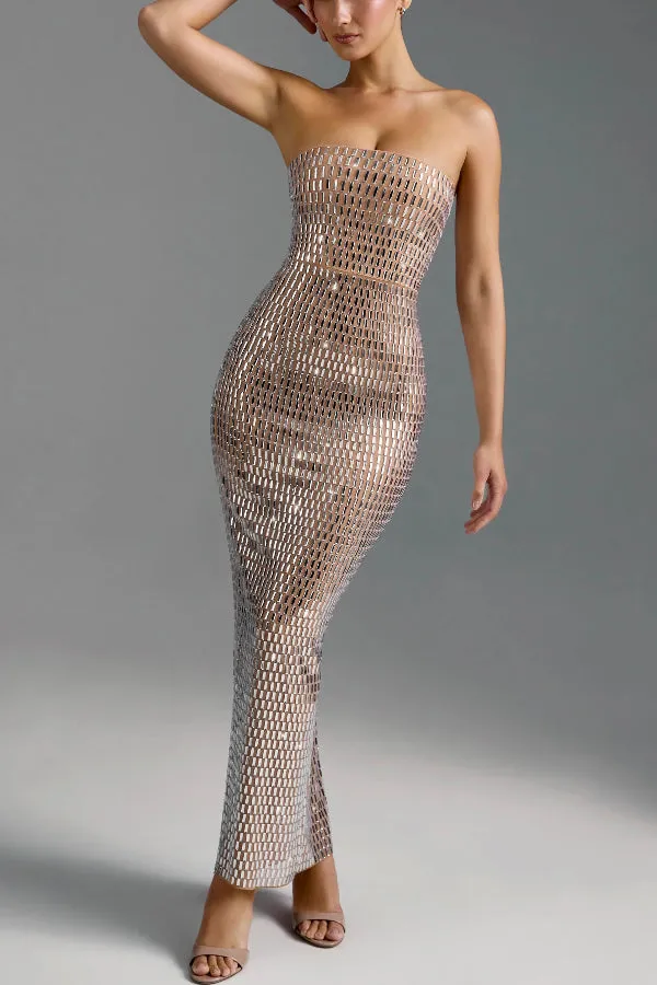 Flash Sculpture Rhinestone Embellished Bandeau Slit Stretch Maxi Dress