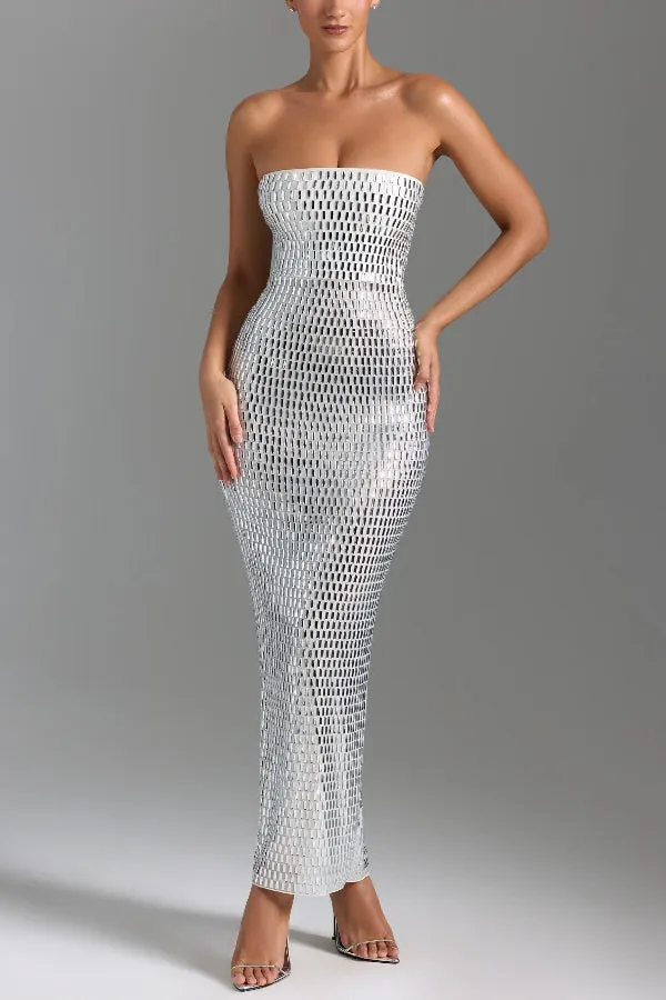 Flash Sculpture Rhinestone Embellished Bandeau Slit Stretch Maxi Dress