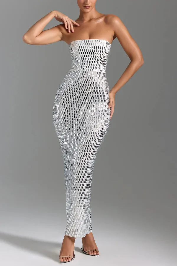 Flash Sculpture Rhinestone Embellished Bandeau Slit Stretch Maxi Dress