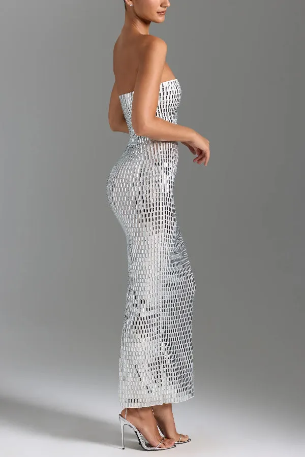 Flash Sculpture Rhinestone Embellished Bandeau Slit Stretch Maxi Dress