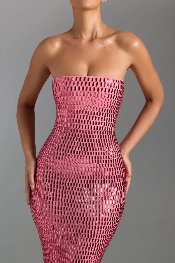Flash Sculpture Rhinestone Embellished Bandeau Slit Stretch Maxi Dress