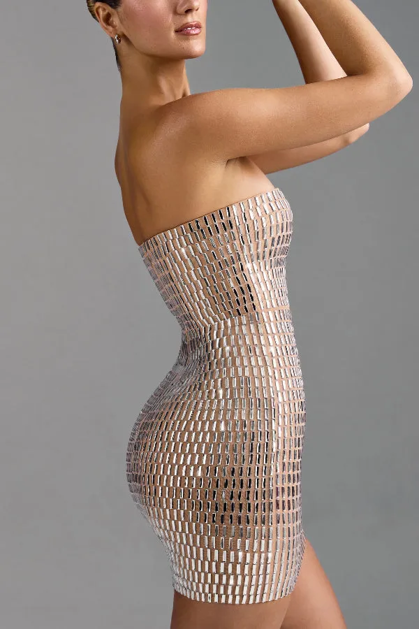 Flash Sculpture Rhinestone Embellished Bandeau Slit Stretch Mini Dress