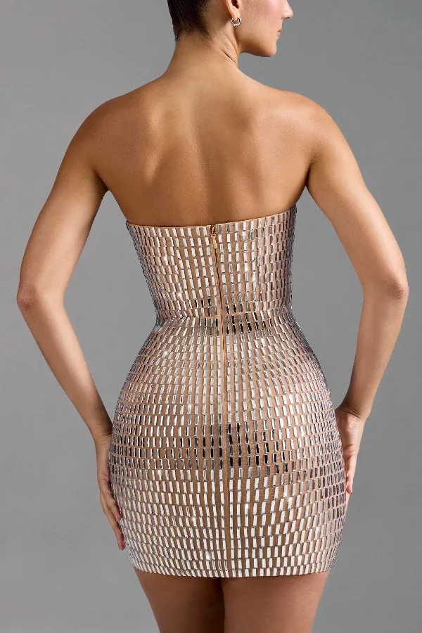 Flash Sculpture Rhinestone Embellished Bandeau Slit Stretch Mini Dress