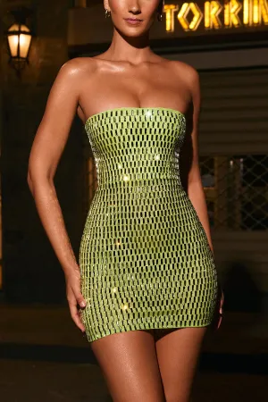 Flash Sculpture Rhinestone Embellished Bandeau Slit Stretch Mini Dress