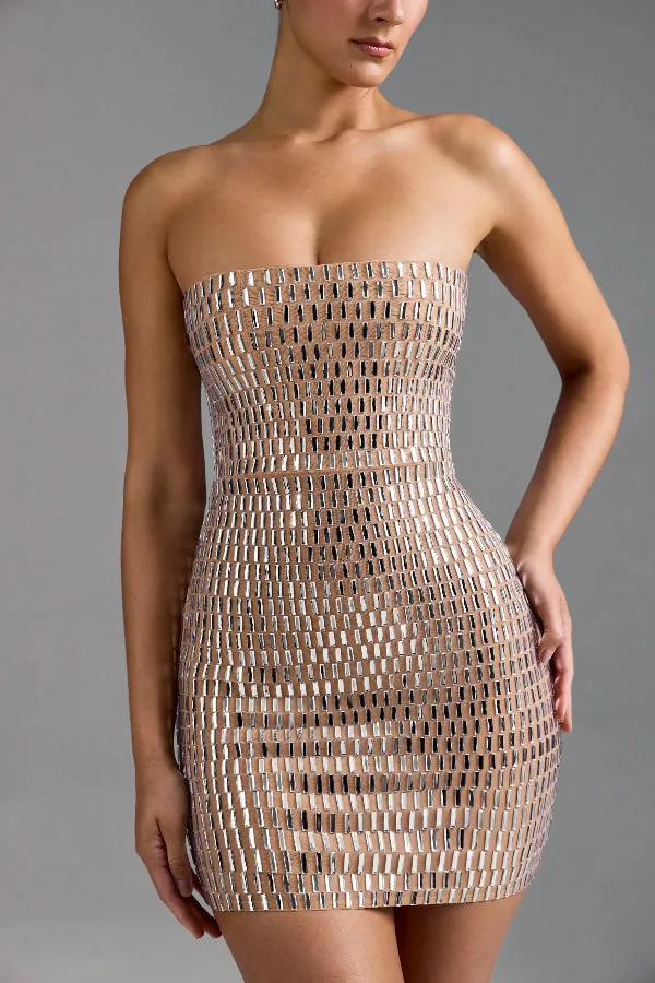Flash Sculpture Rhinestone Embellished Bandeau Slit Stretch Mini Dress