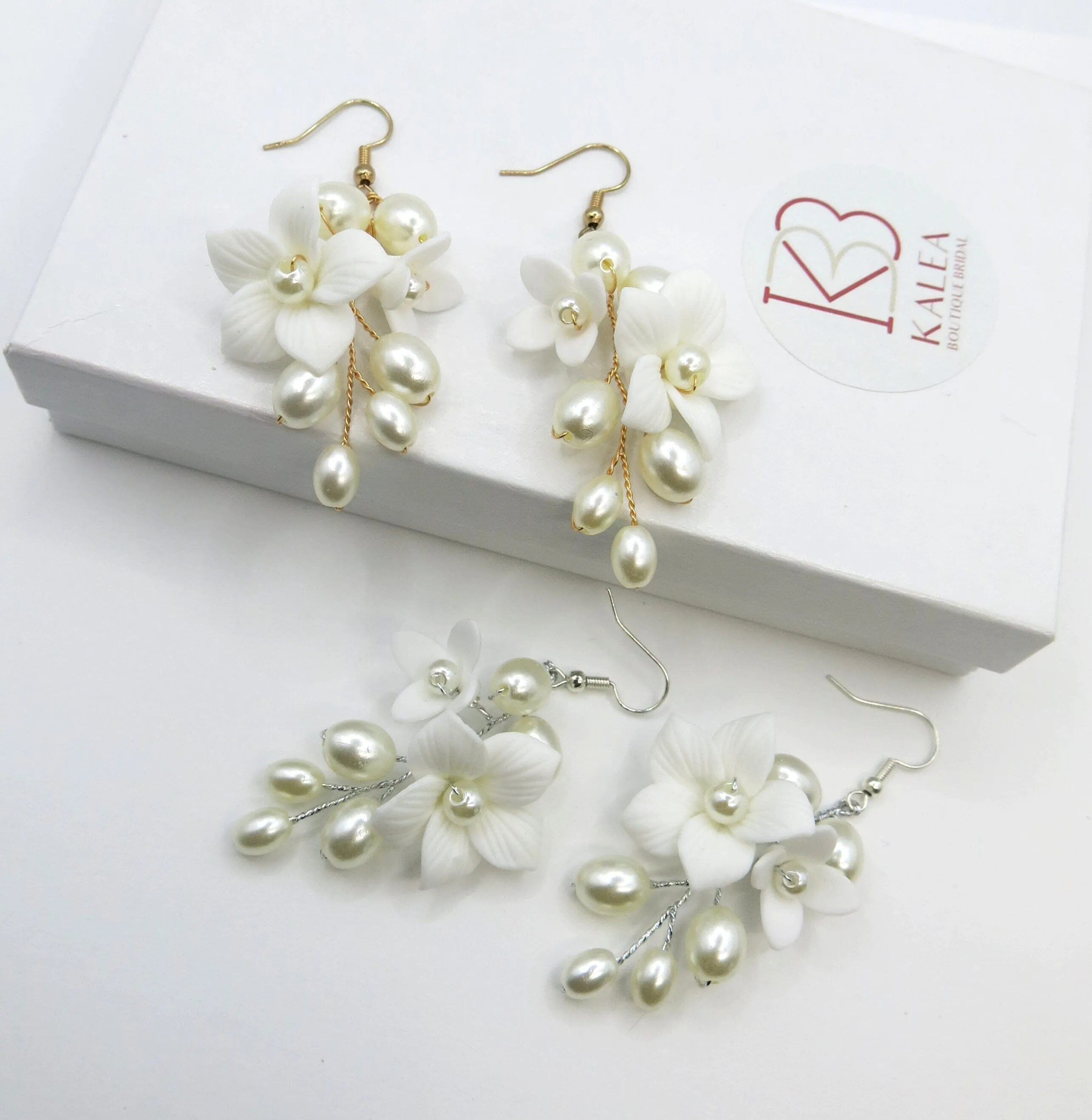 Floral Pearl Cluster Ceramic Earrings, Bridal White Clay Flower Earrings, Wedding Porcelain Flower Earrings