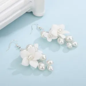 Floral Pearl Cluster Ceramic Earrings, Bridal White Clay Flower Earrings, Wedding Porcelain Flower Earrings