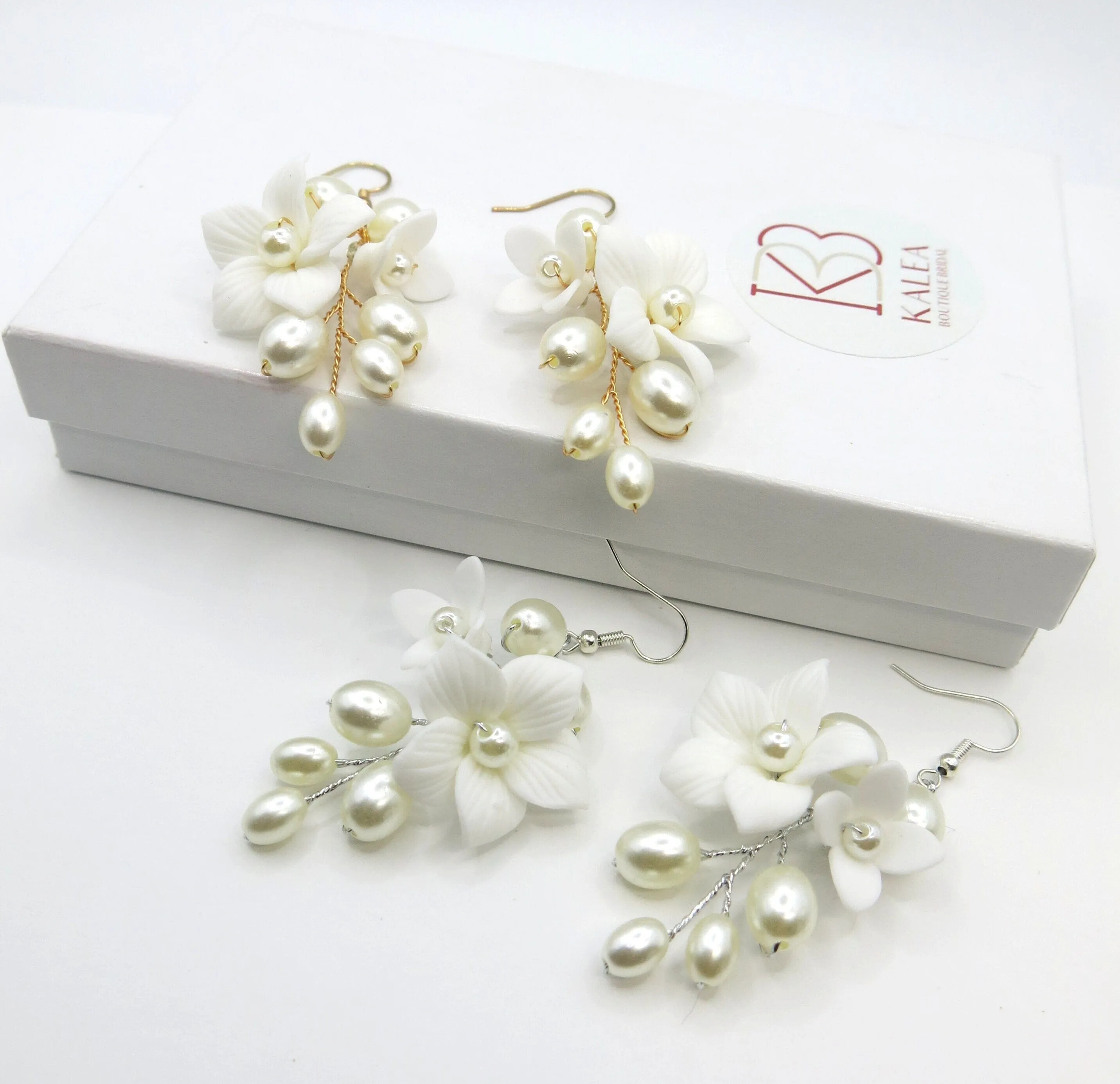Floral Pearl Cluster Ceramic Earrings, Bridal White Clay Flower Earrings, Wedding Porcelain Flower Earrings