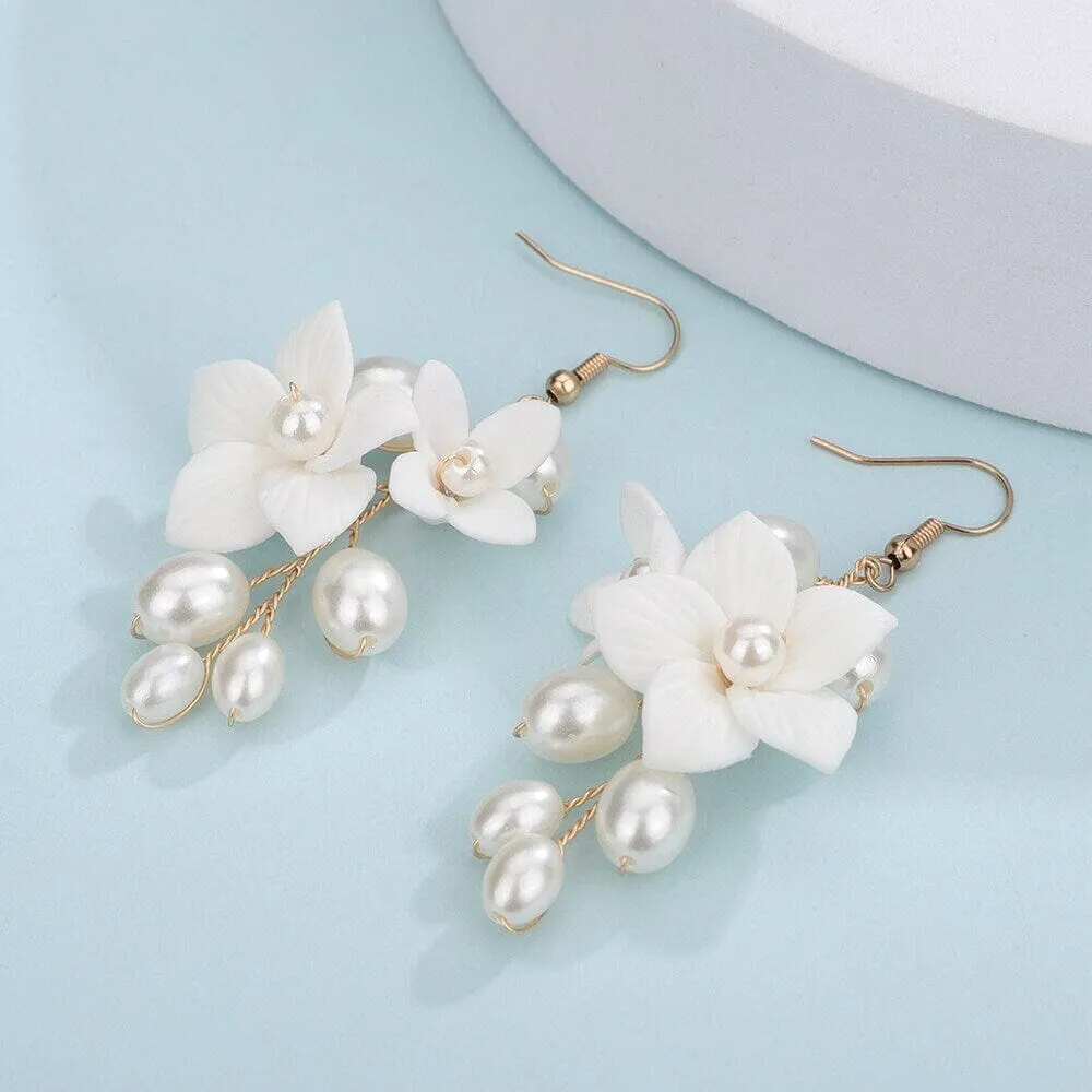 Floral Pearl Cluster Ceramic Earrings, Bridal White Clay Flower Earrings, Wedding Porcelain Flower Earrings