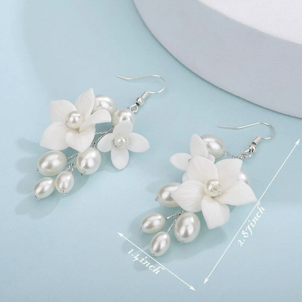 Floral Pearl Cluster Ceramic Earrings, Bridal White Clay Flower Earrings, Wedding Porcelain Flower Earrings
