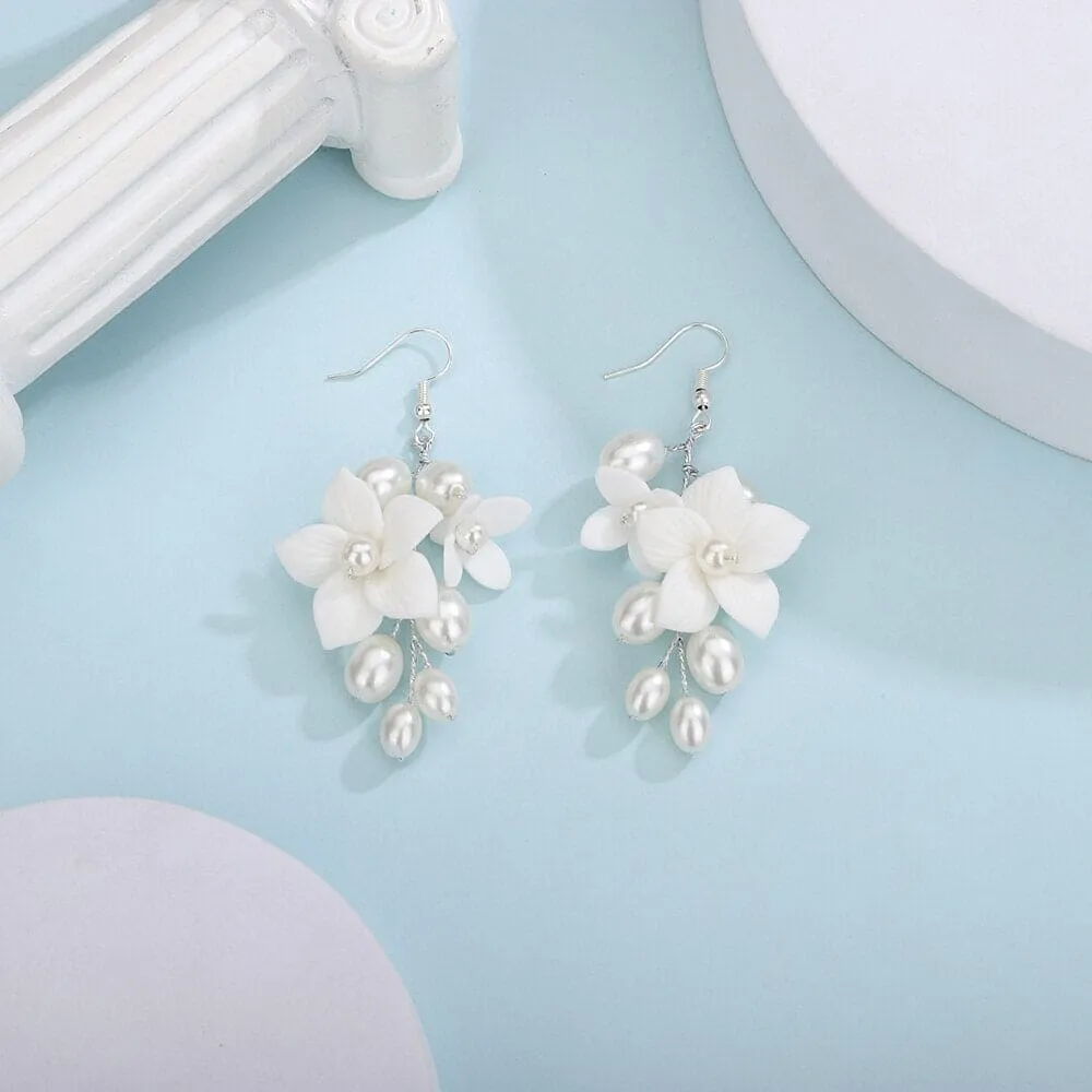 Floral Pearl Cluster Ceramic Earrings, Bridal White Clay Flower Earrings, Wedding Porcelain Flower Earrings