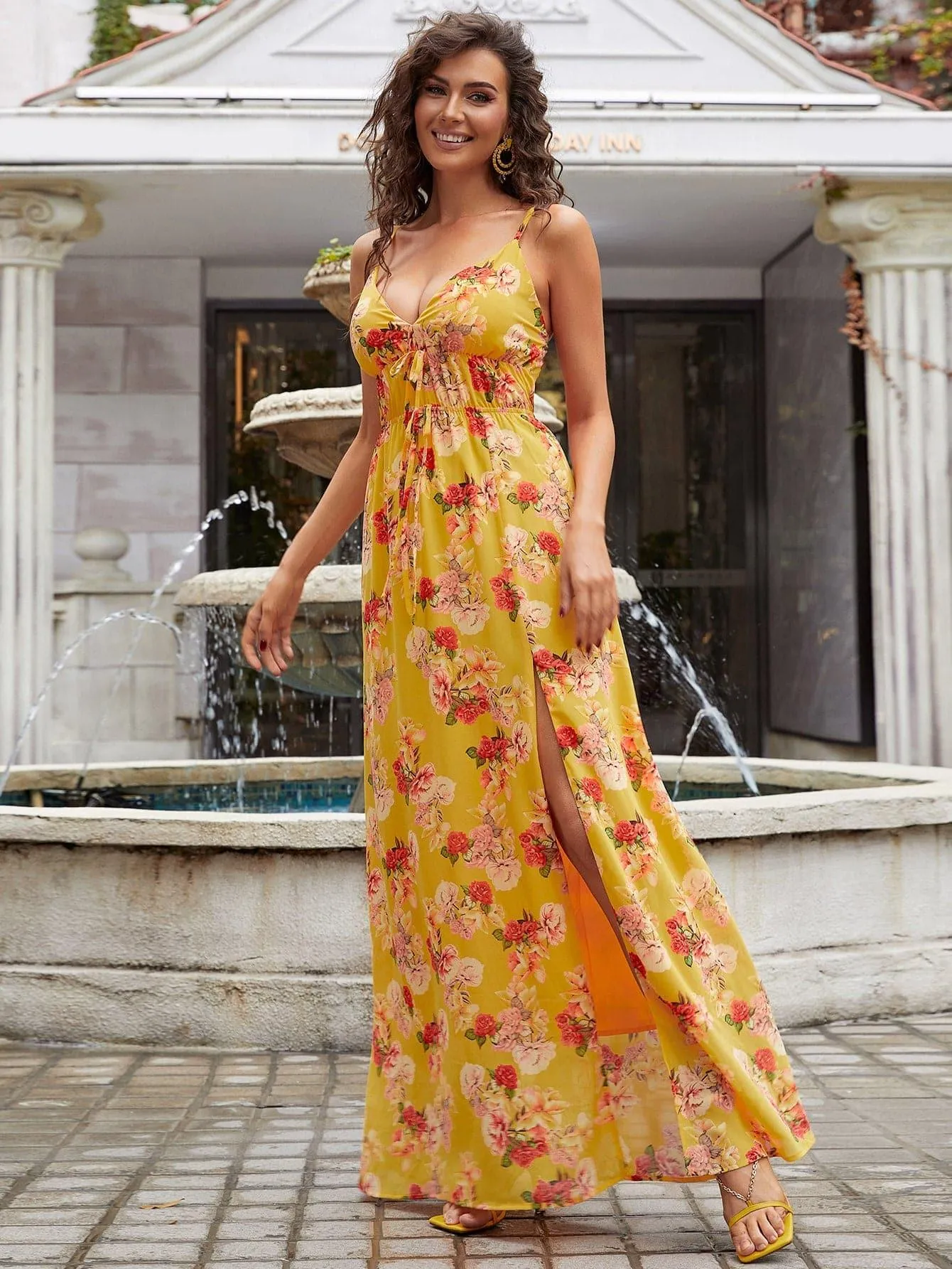 Floral Print Knot Front Split Thigh Maxi Cami Dress XH1921