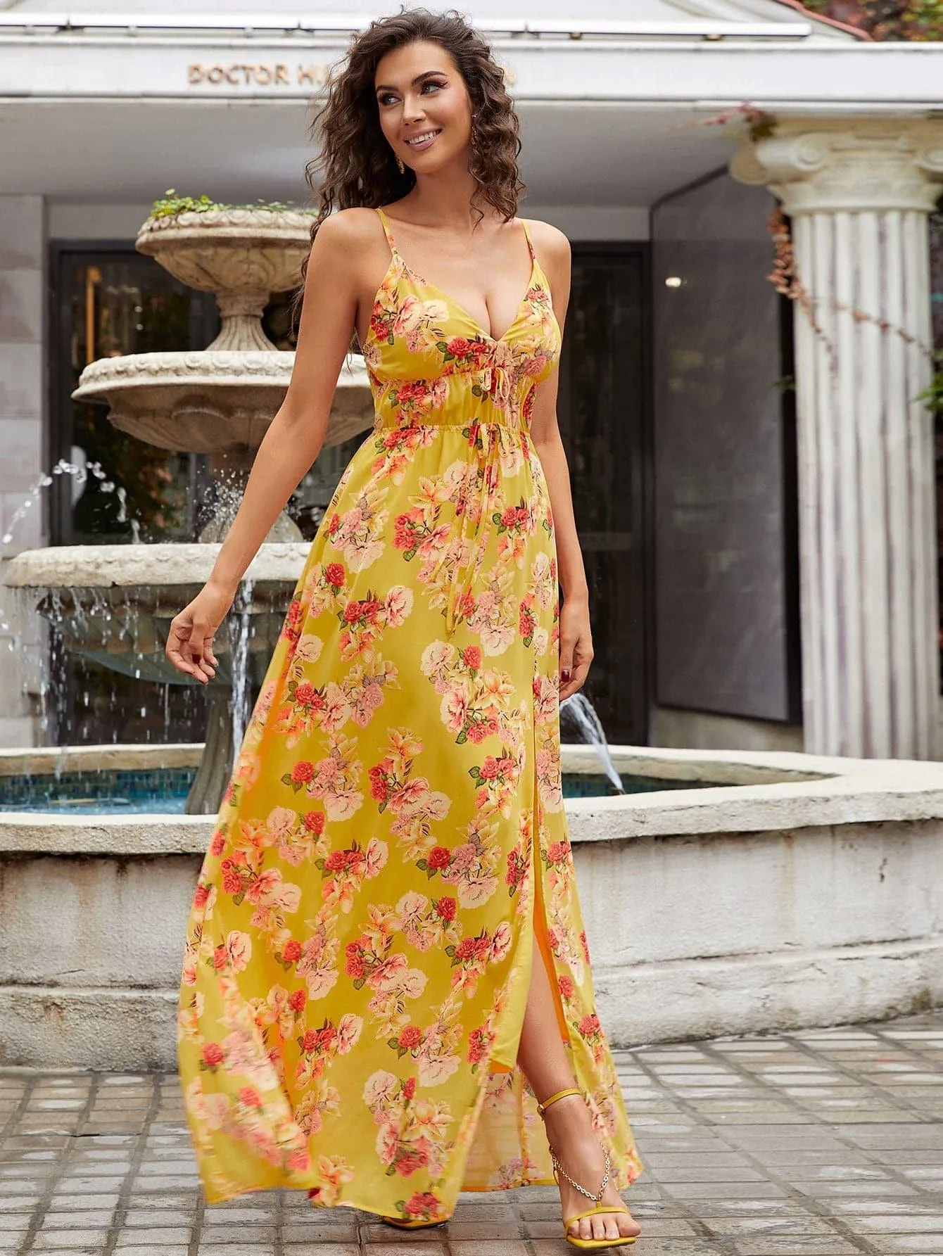 Floral Print Knot Front Split Thigh Maxi Cami Dress XH1921