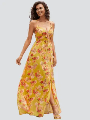Floral Print Knot Front Split Thigh Maxi Cami Dress XH1921