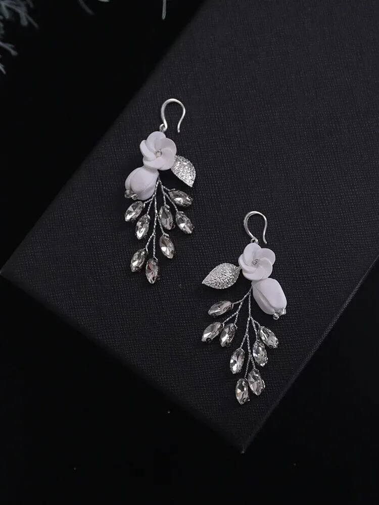 Floral Wire Crystal Earrings, Ceramic Flower Wedding Earrings, Bridal Clay Flower Crystal and Leaf Earrings