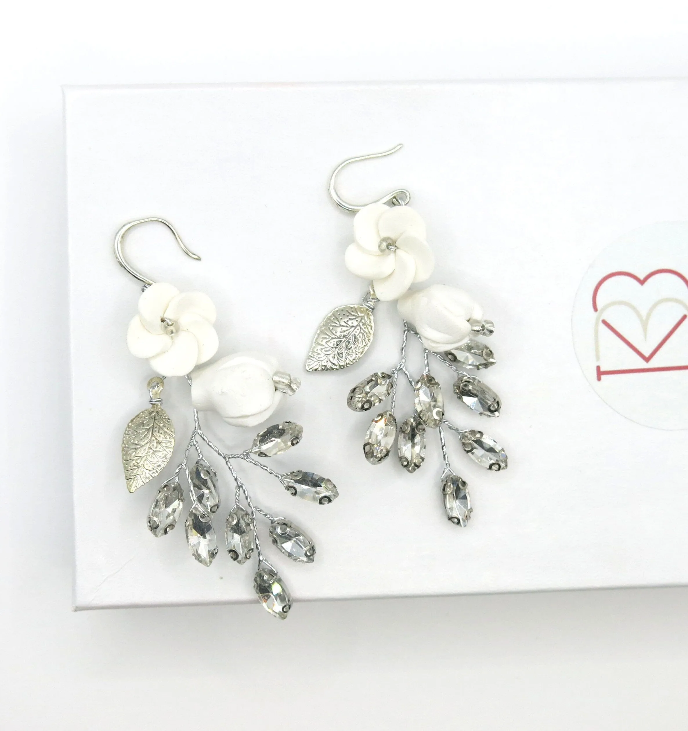 Floral Wire Crystal Earrings, Ceramic Flower Wedding Earrings, Bridal Clay Flower Crystal and Leaf Earrings