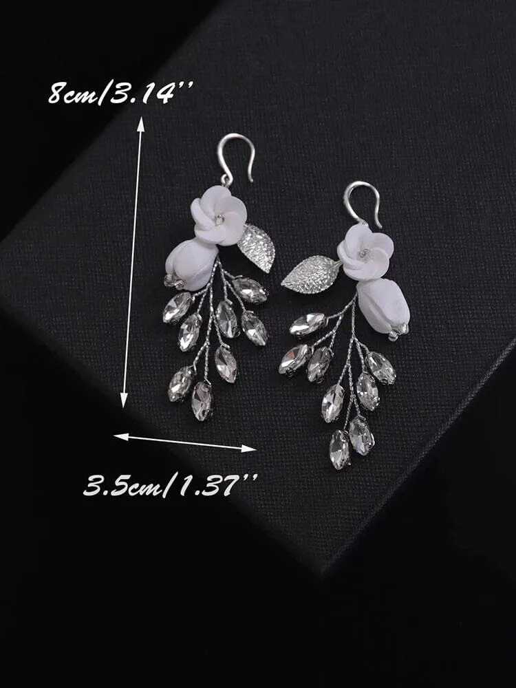 Floral Wire Crystal Earrings, Ceramic Flower Wedding Earrings, Bridal Clay Flower Crystal and Leaf Earrings