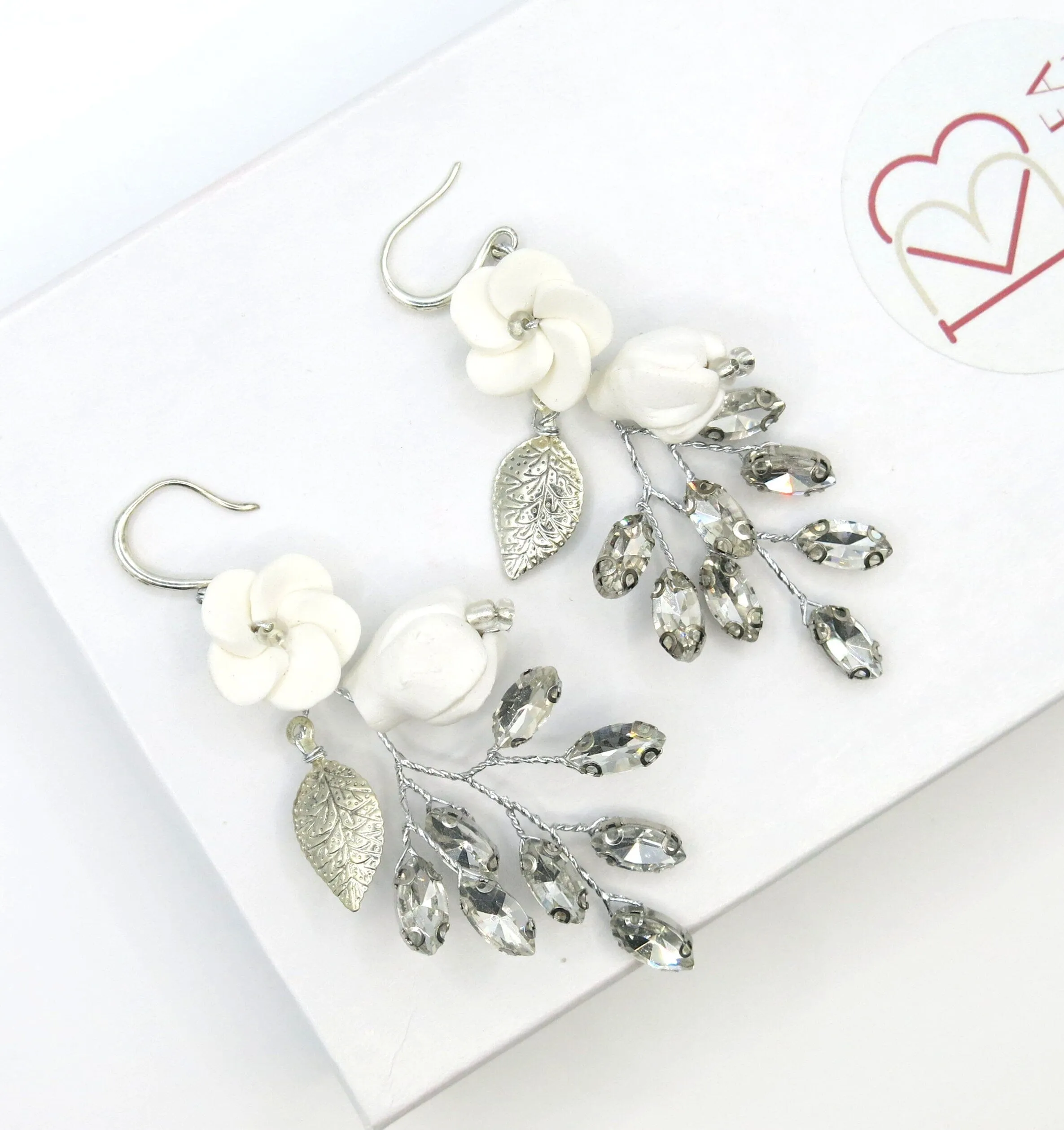 Floral Wire Crystal Earrings, Ceramic Flower Wedding Earrings, Bridal Clay Flower Crystal and Leaf Earrings