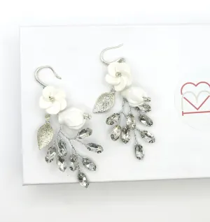 Floral Wire Crystal Earrings, Ceramic Flower Wedding Earrings, Bridal Clay Flower Crystal and Leaf Earrings