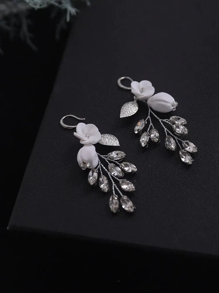 Floral Wire Crystal Earrings, Ceramic Flower Wedding Earrings, Bridal Clay Flower Crystal and Leaf Earrings