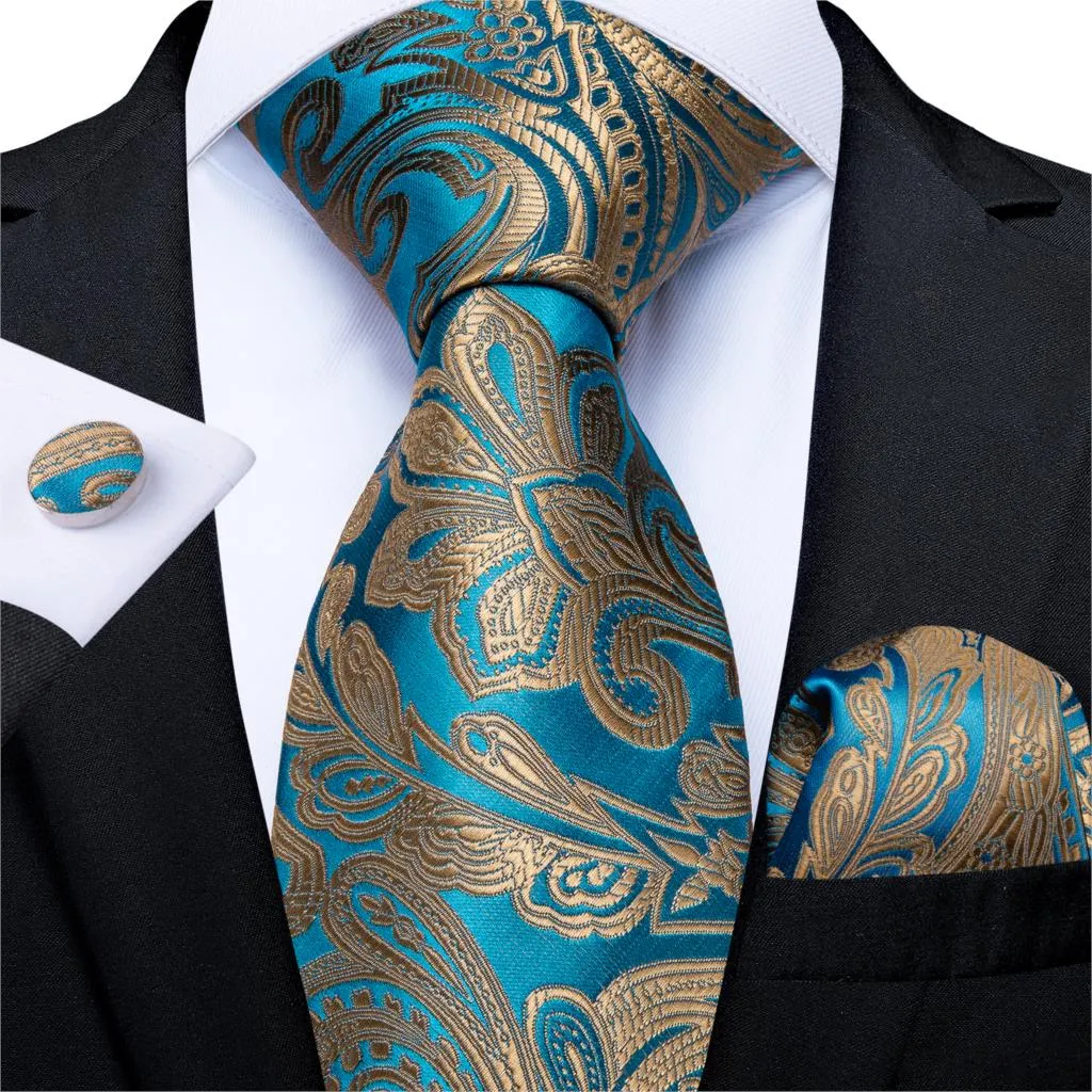 Gift Men Tie Teal Green Paisley Novelty Design Silk Wedding Tie for Men Handky cufflink Tie Set DiBanGu Party Business Fashion