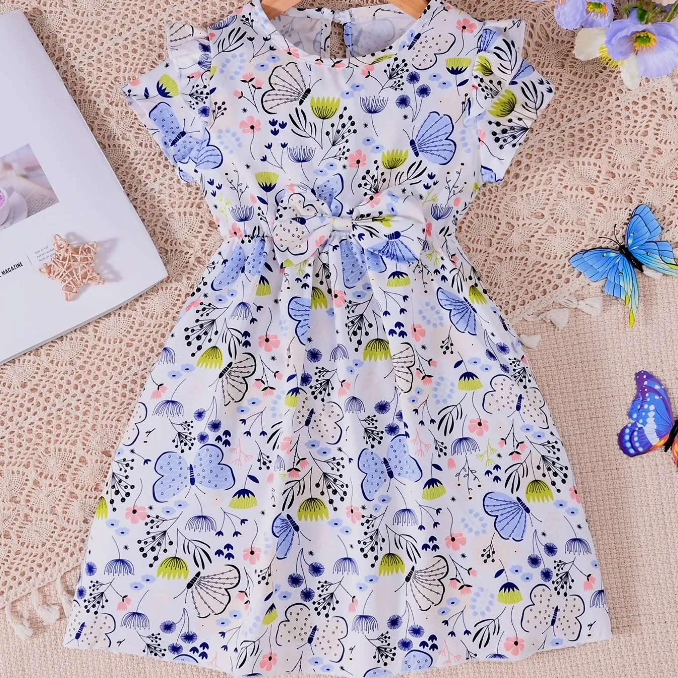 Girls Butterfly Print Short Sleeve Ruffles Dress with Bow Decor