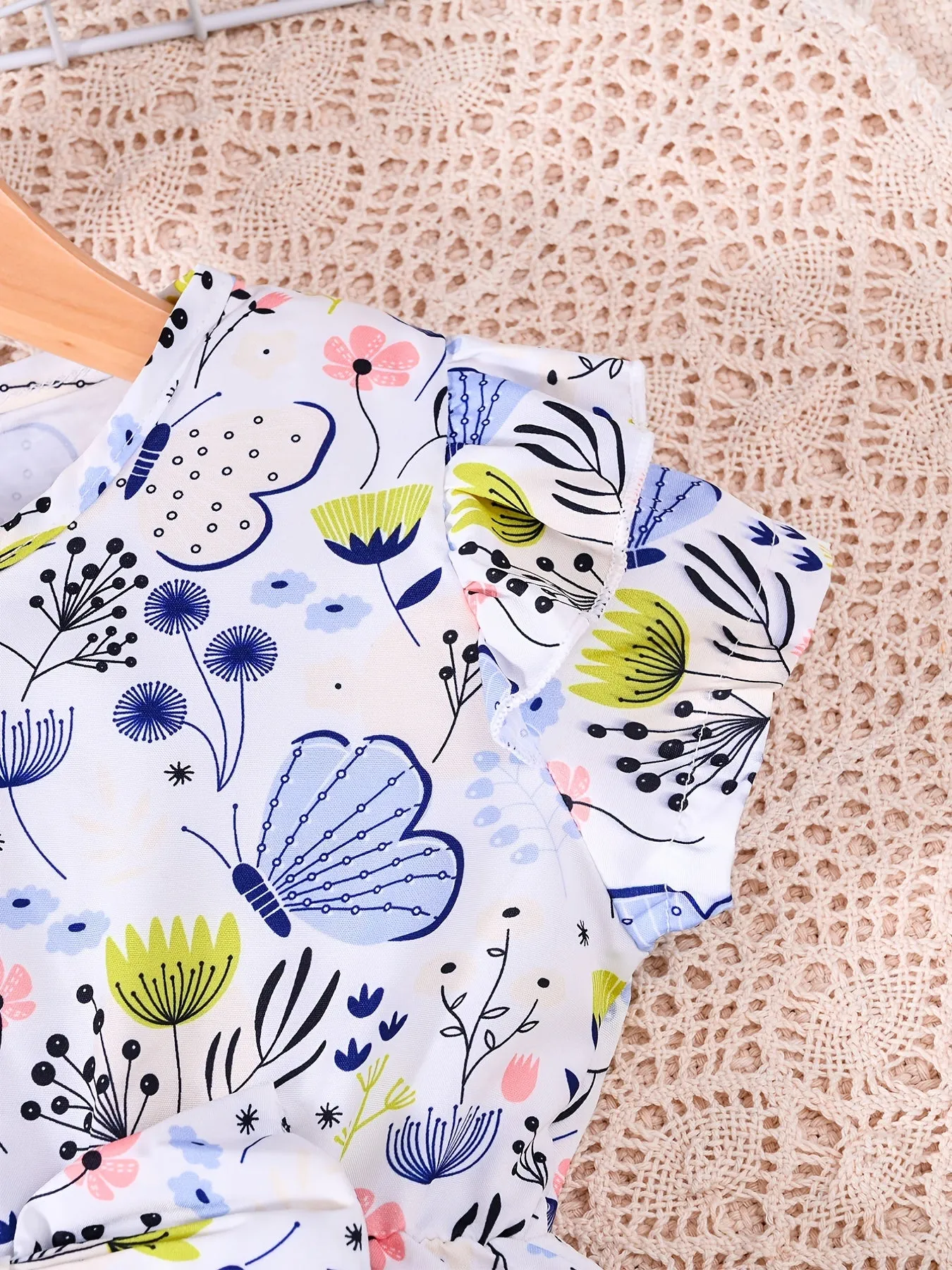 Girls Butterfly Print Short Sleeve Ruffles Dress with Bow Decor