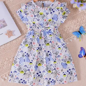 Girls Butterfly Print Short Sleeve Ruffles Dress with Bow Decor