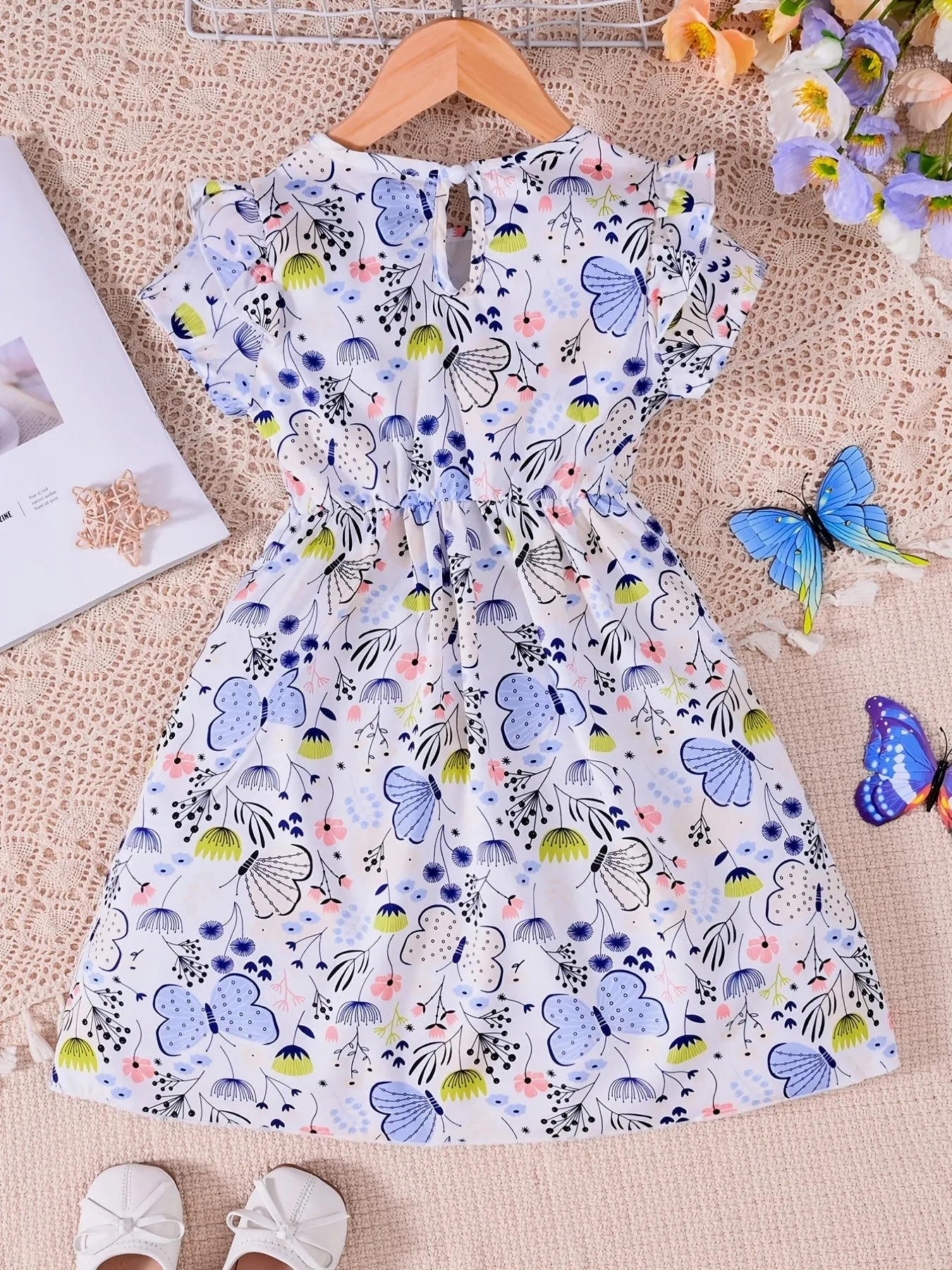 Girls Butterfly Print Short Sleeve Ruffles Dress with Bow Decor
