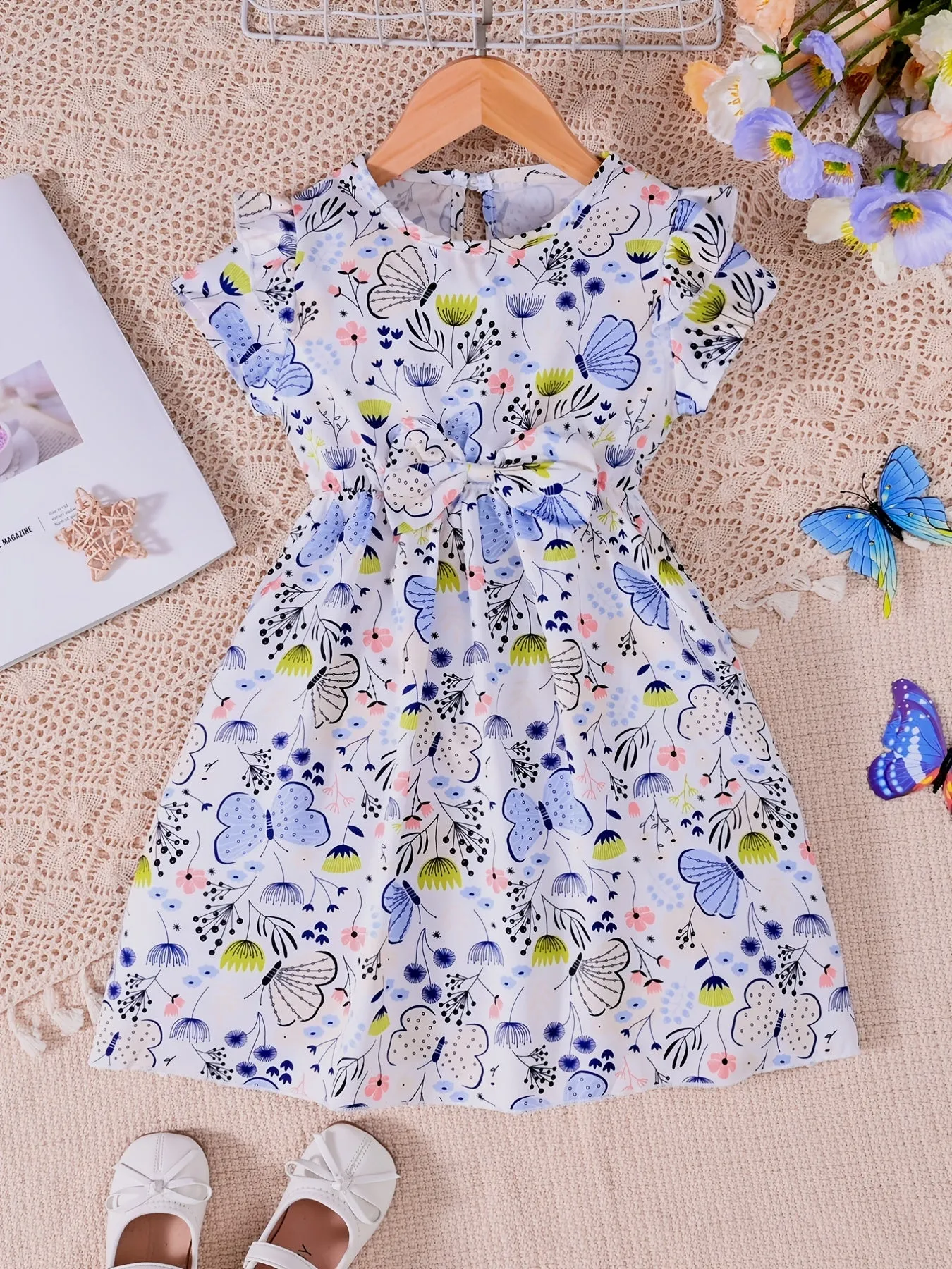 Girls Butterfly Print Short Sleeve Ruffles Dress with Bow Decor