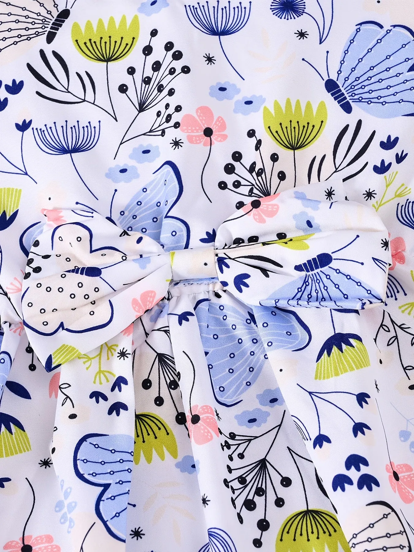 Girls Butterfly Print Short Sleeve Ruffles Dress with Bow Decor