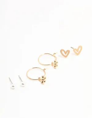 Gold Pearl Heart Flower Earrings 3-Pack