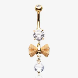 Golden Dainty Bow-Tie Prong Gem Sparkle Belly Button Ring