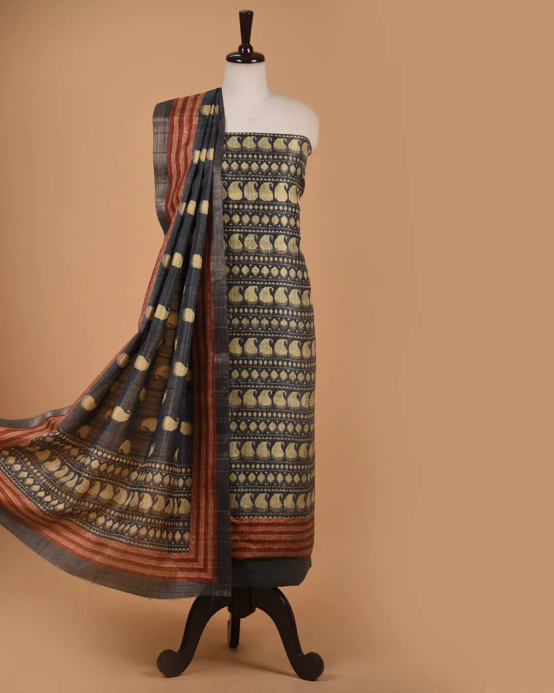 Gray Cotton Silk Blend Printed Unstitched Suit Fabric Set With Cotton Silk Printed Dupatta