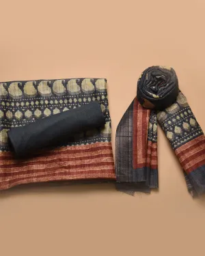 Gray Cotton Silk Blend Printed Unstitched Suit Fabric Set With Cotton Silk Printed Dupatta